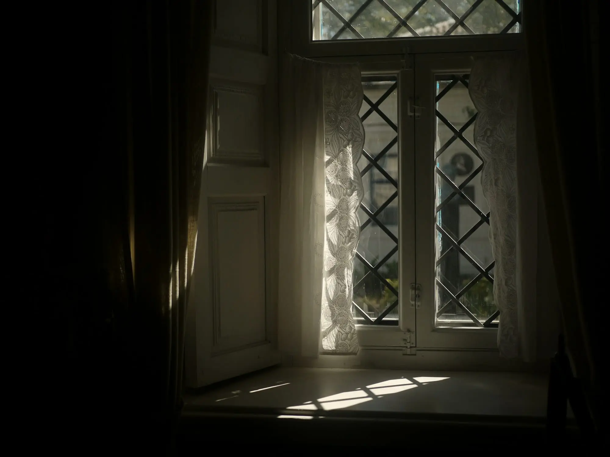 Sunlight through a diamond-paned window into a dark interior