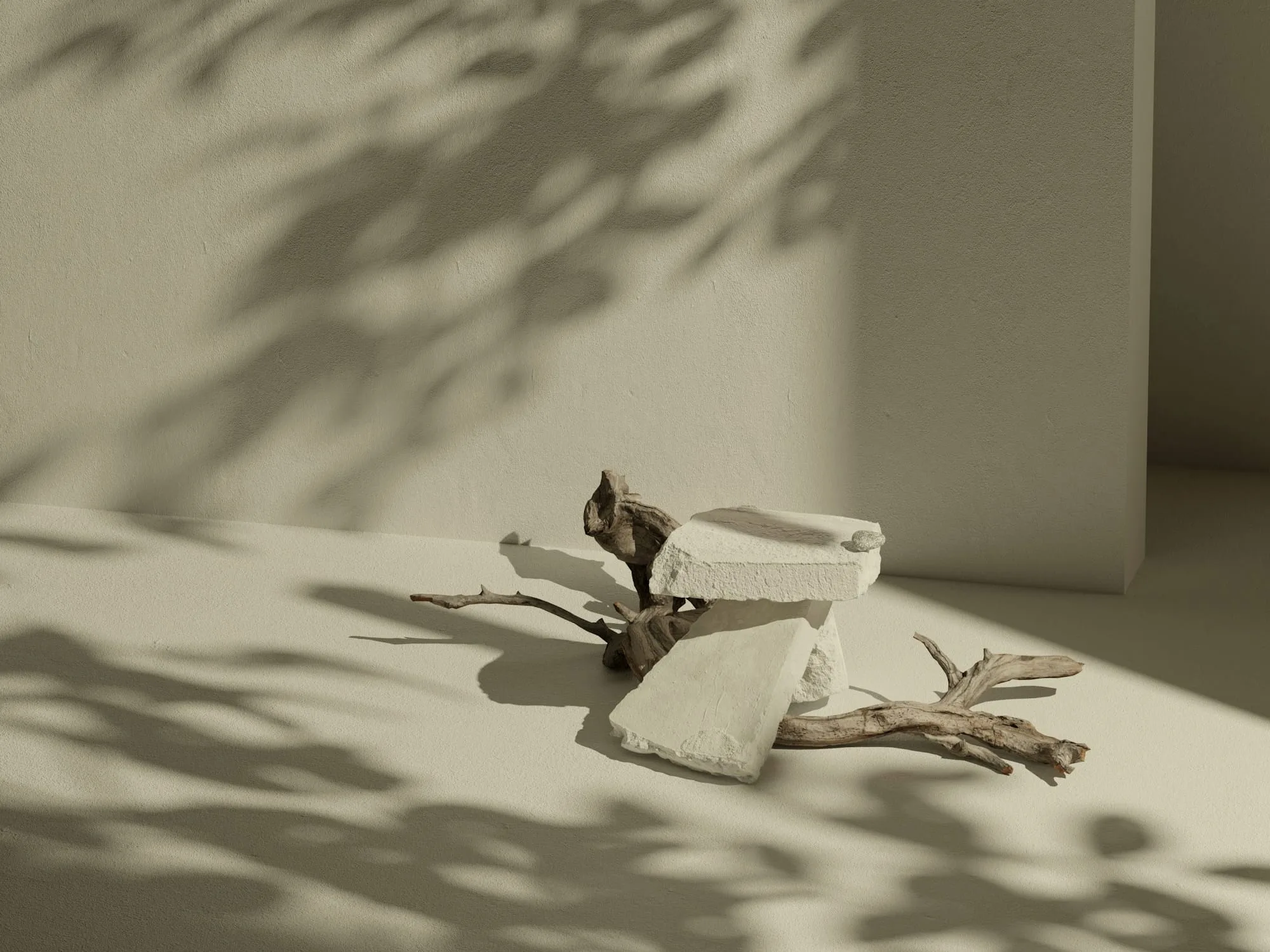 Driftwood and plaster fragments on a pale floor under leaf shadows