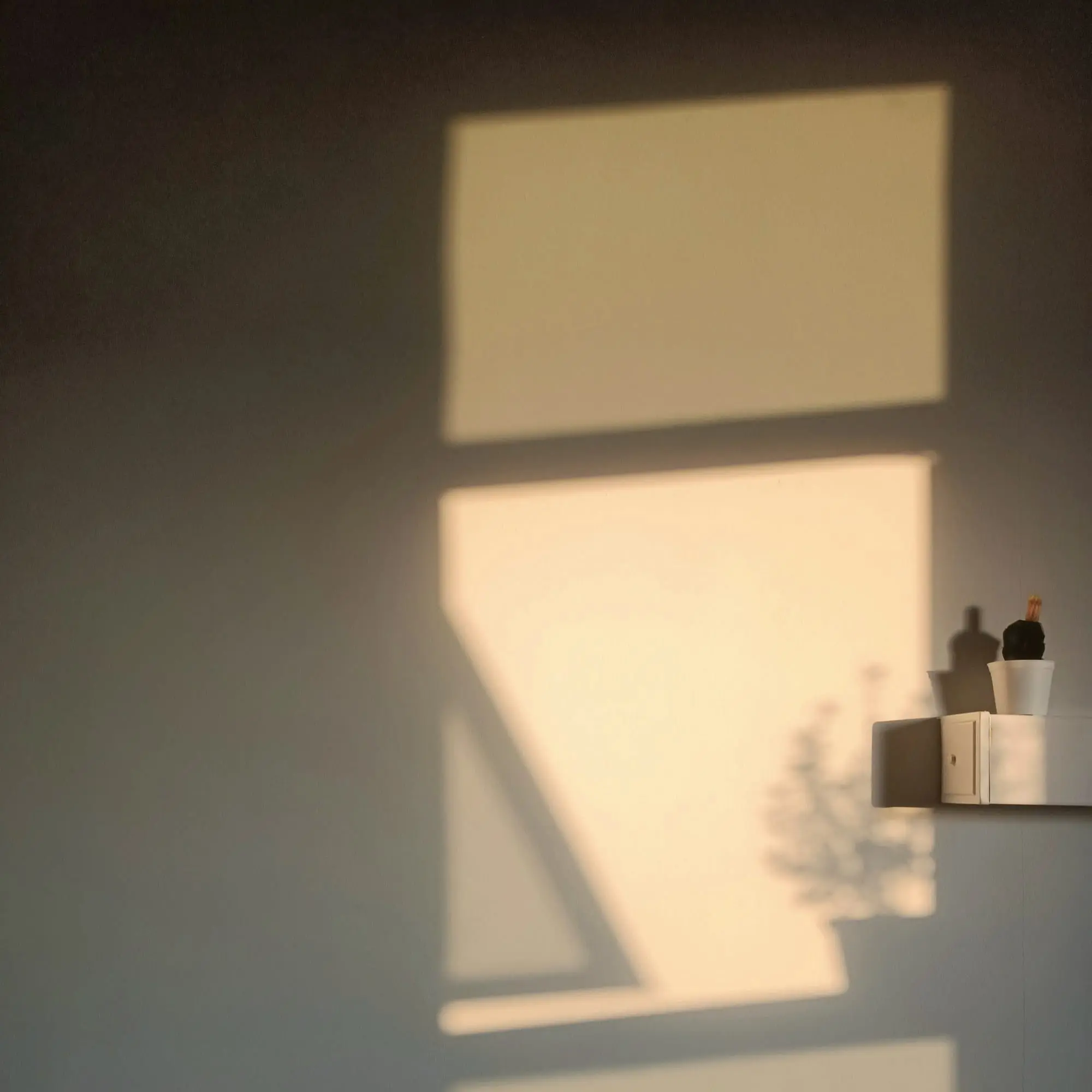 Window light falling on a warm plaster wall above a small shelf